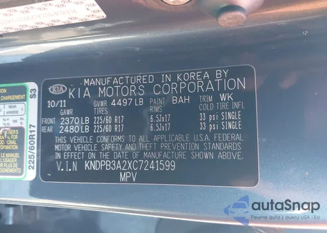 2012 Kia Sportage Lx z USA, uszkodzony, nr VIN KNDPB3A2XC7241599